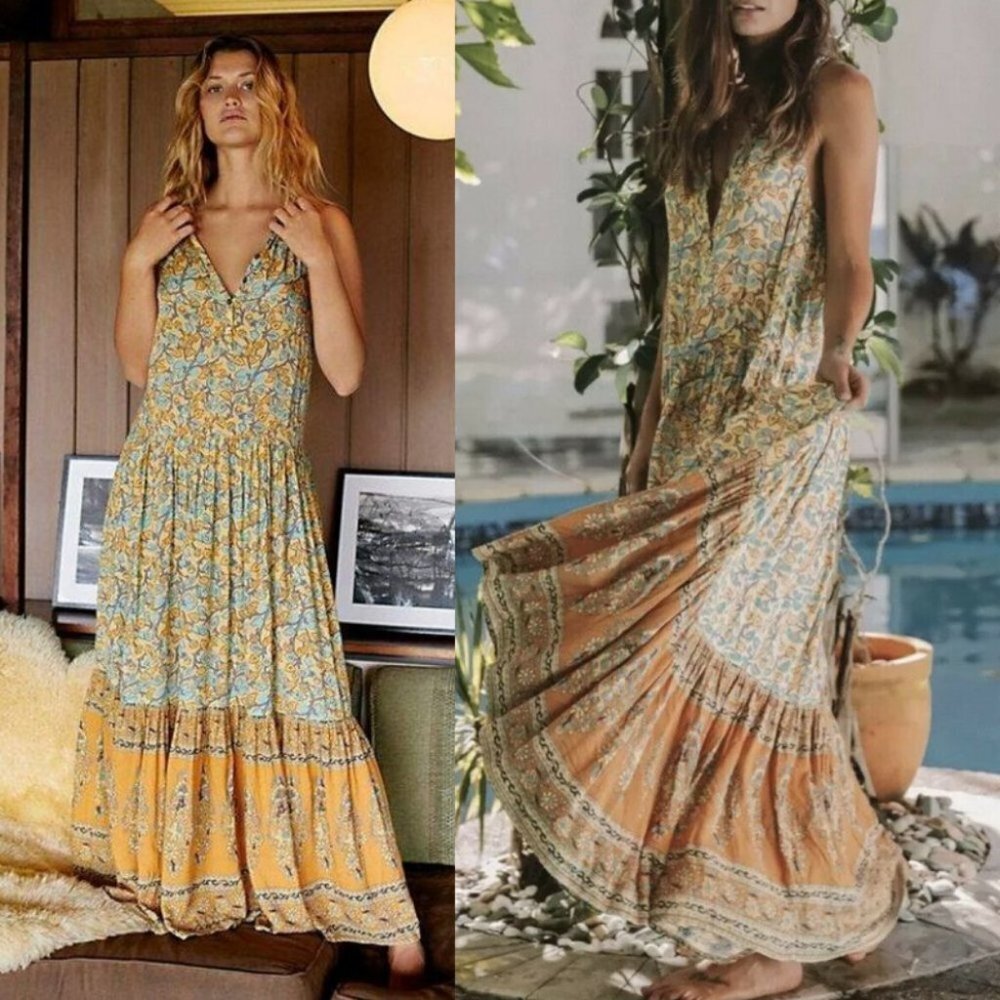 SPELL and The Gypsy Collective Delirium Maxi Dress Gold Size XXS Romantic Boho